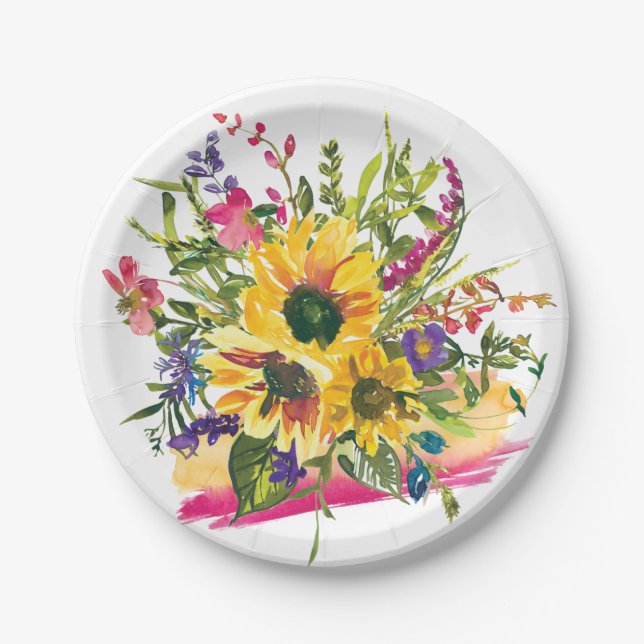 Lebhafte Sonnenblumen Wildblumen Wasserfarben Pappteller (Vorderseite)