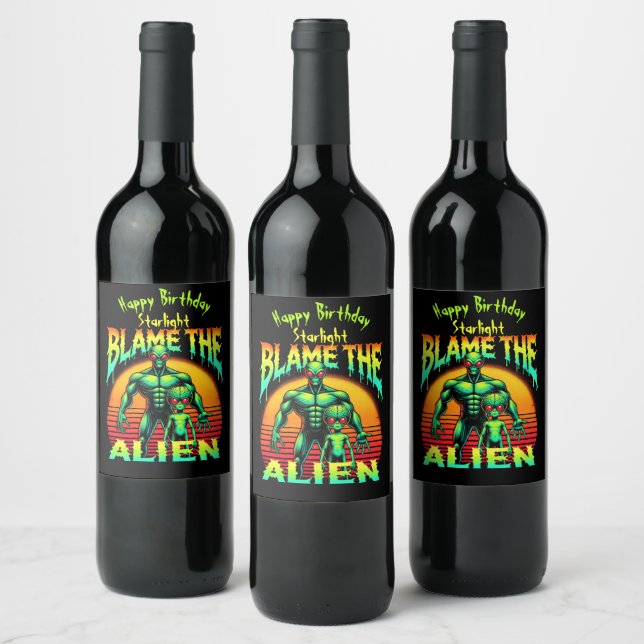 Lebhafte Sonnenuntergangsrahmen Grüne Alien Weinetikett (Flaschen)