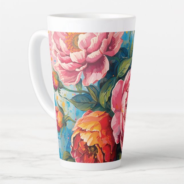 "Lebhafte Tasse mit Blumenlatte - Kaffee-Cup für T (Linke Ecke)