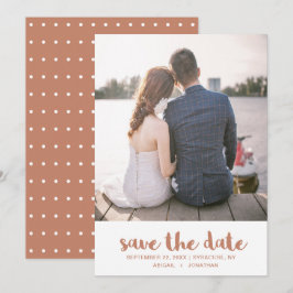 Lebhafte Terracotta Orange Polka Dot Foto Wedding Save The Date