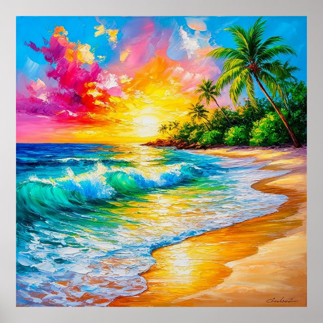 Lebhafte tropische Sonnenuntergangsmalerei mit Wel Poster (Vorne)