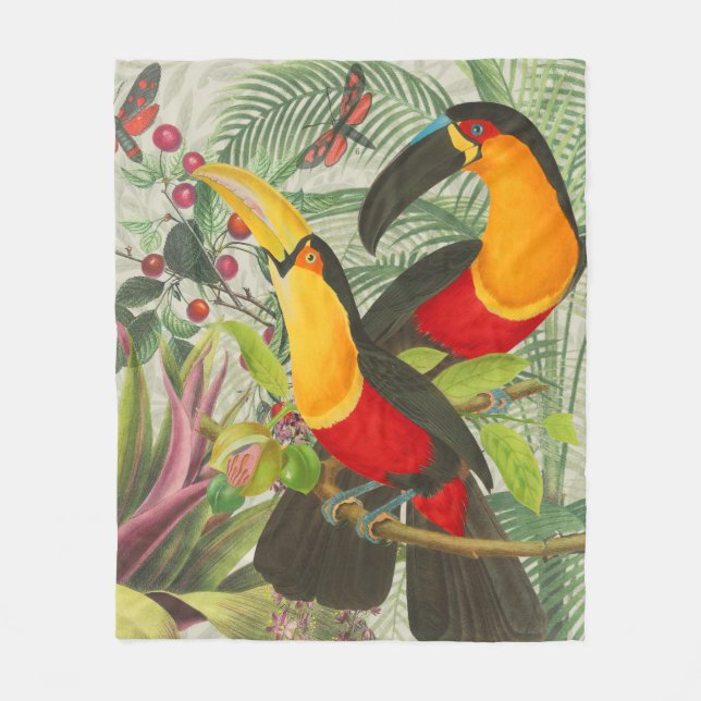 Lebhafte tropische Vögel Kunst Exotischer Dschunge Fleecedecke (Vorderseite)