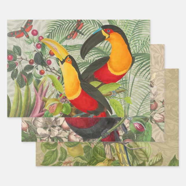 Lebhafte tropische Vögel Kunst Exotischer Dschunge Geschenkpapier Set (Set)