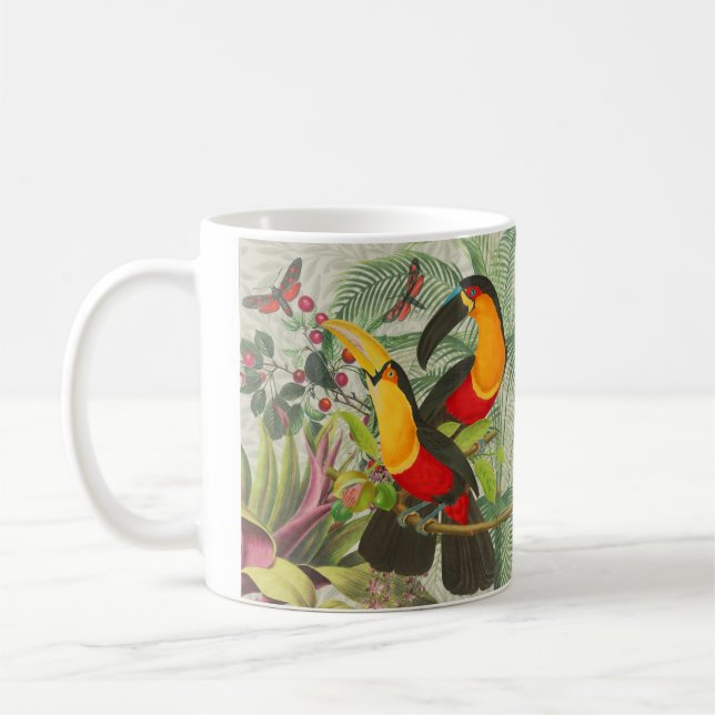 Lebhafte tropische Vögel Kunst Exotischer Dschunge Kaffeetasse (Links)