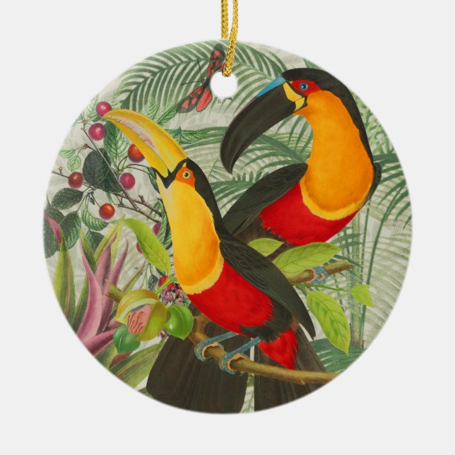 Lebhafte tropische Vögel Kunst Exotischer Dschunge Keramik Ornament (Vorne)