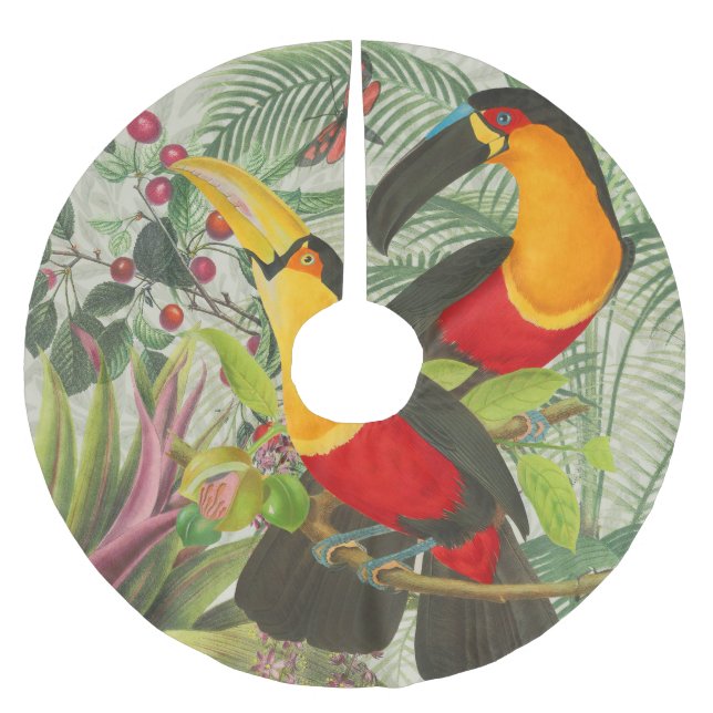 Lebhafte tropische Vögel Kunst Exotischer Dschunge Polyester Weihnachtsbaumdecke (Vorderseite)