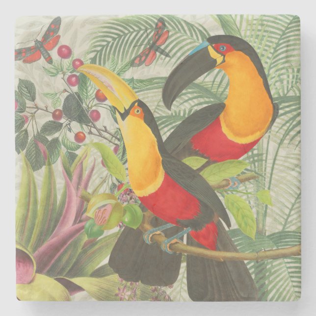 Lebhafte tropische Vögel Kunst Exotischer Dschunge Steinuntersetzer (Vorderseite)