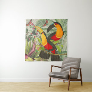 Lebhafte tropische Vögel Kunst Exotischer Dschunge Wandteppich