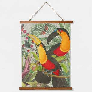 Lebhafte tropische Vögel Kunst Exotischer Dschunge Wandteppich Mit Holzrahmen