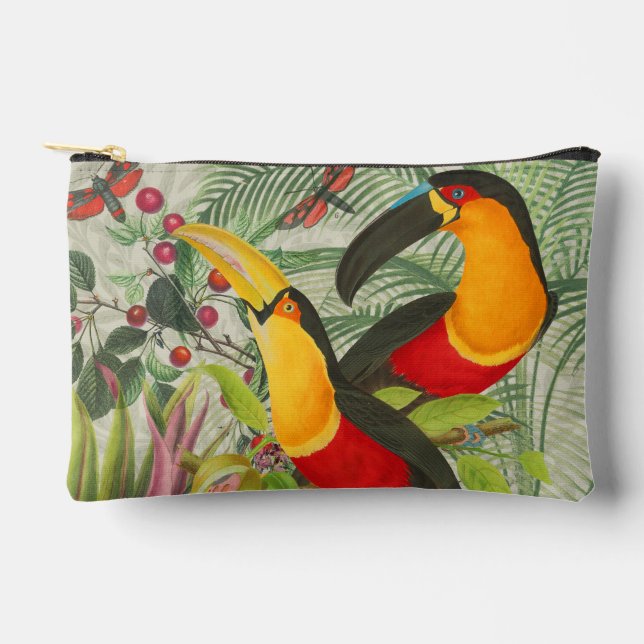 Lebhafte tropische Vögel Kunst Exotischer Dschunge Zubehörtasche (Vorderseite)