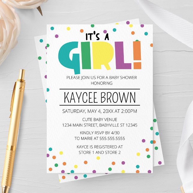 Lebhafte Typografie 'It's a Girl' Baby Shower Einladung (Von Creator hochgeladen)