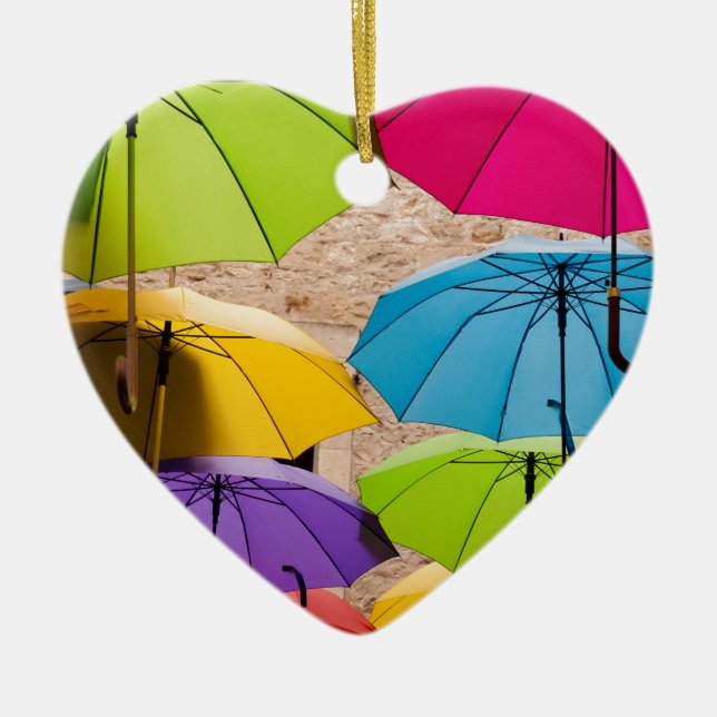 Lebhafte und farbenfrohe Sonnenschirme Keramik Ornament (Vorne)