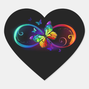 Lebhafte Unendlichkeit mit Regenbogenschmetterling Herz-Aufkleber