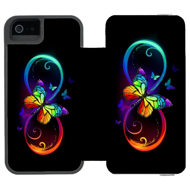 Lebhafte Unendlichkeit mit Regenbogenschmetterling Incipio iPhone Geldbeutel-Hülle (Folio Geöffnet)