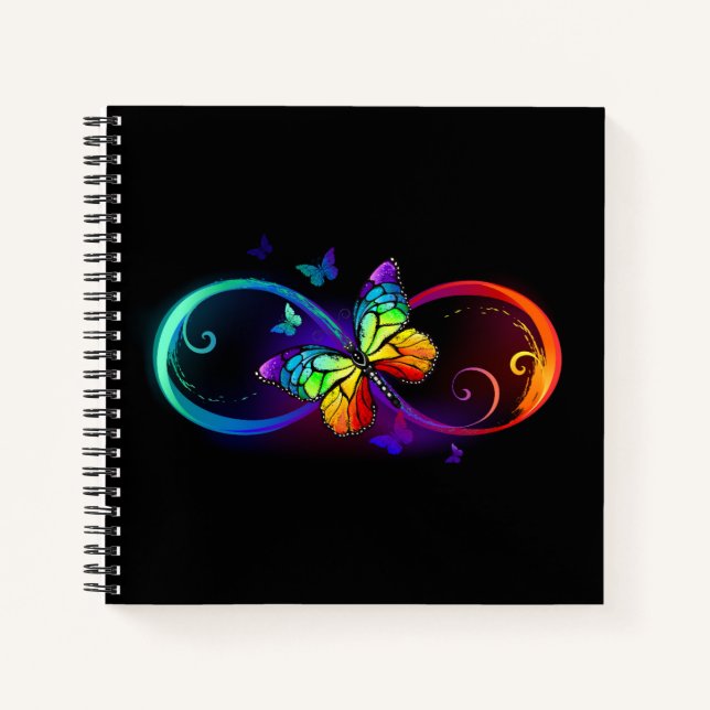 Lebhafte Unendlichkeit mit Regenbogenschmetterling Notizbuch (Vorderseite)
