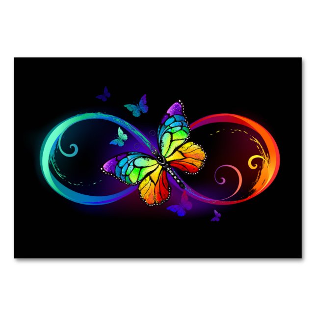 Lebhafte Unendlichkeit mit Regenbogenschmetterling Tischnummer (Vorderseite)