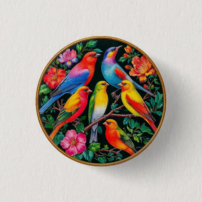 Lebhafte Vögel, die an blühenden Branchen festgeha Button (Vorderseite)