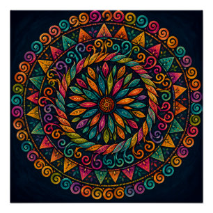 LEBHafte VOLKSKUNST BLUMEN-MANDALA KREISFÖRMIGE BO Poster
