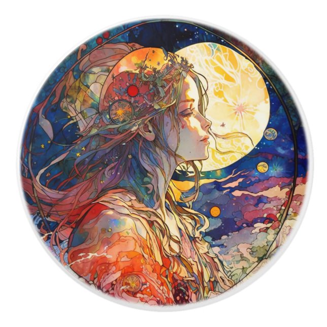 Lebhafte Wasserfarbe der Keramik Girl & Moon Keramikknauf (Vorderseite)