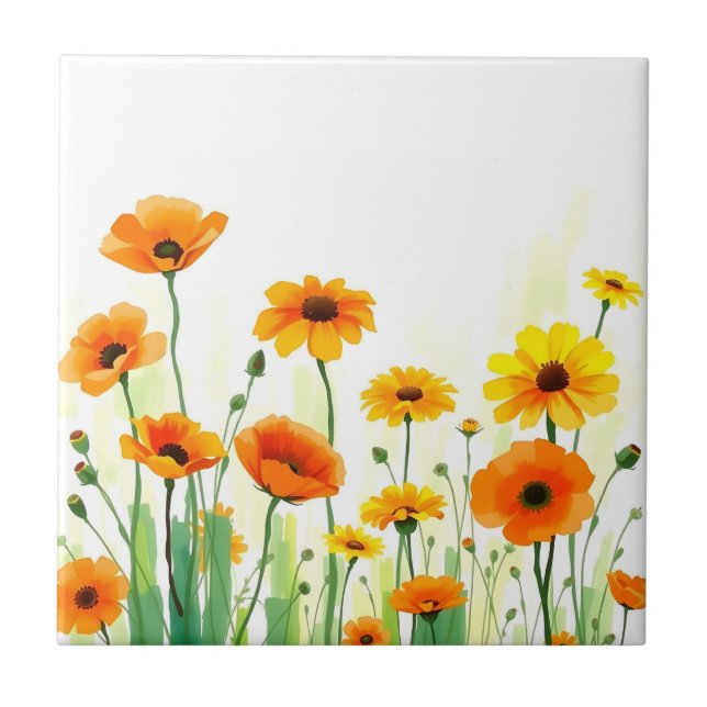 Lebhafte Wasserfarbe der Wiese mit Poppies Sonnenb Fliese (Vorderseite)
