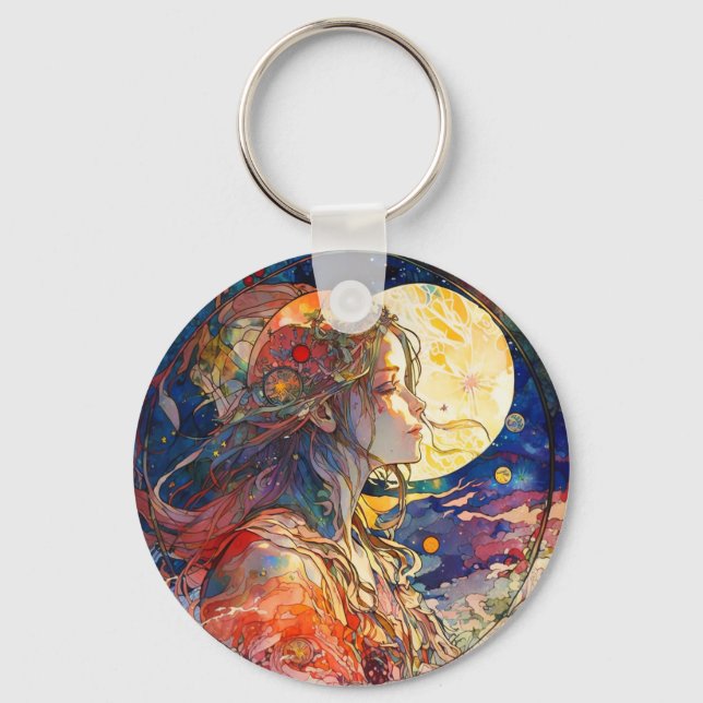 Lebhafte Wasserfarbe des Girl & Moon Schlüsselanhä Schlüsselanhänger (Vorderseite)