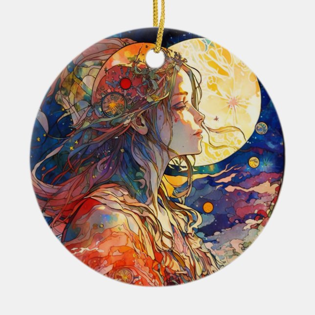Lebhafte Wasserfarbe von Mädchen und Mond Keramik Ornament (Vorne)