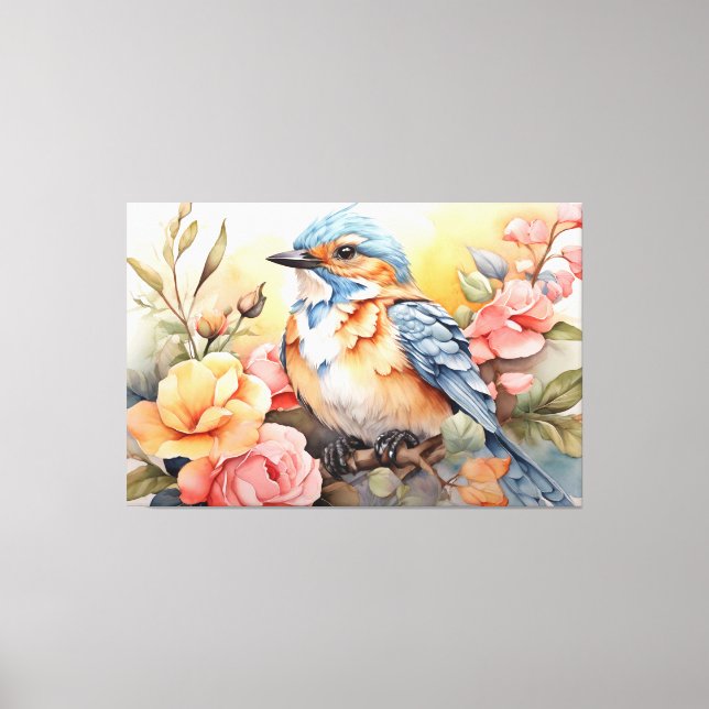 Lebhafte Wasserfarben Bird Flora Art Inspiriert Leinwanddruck (Vorderseite)