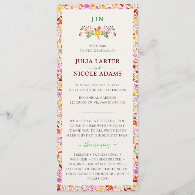 Lebhafte Wasserfarben Sommer-Tulip-Blume Hochzeit Programm (Vorderseite)