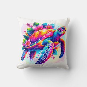 Lebhafte Wasserfarbenschildkröte, tropische Blume Kissen