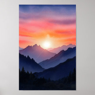 Lebhafte Watercolor Mountain Sonnenuntergang Maler Poster