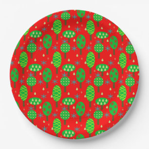 Lebhafte Weihnachtsbäume und Schneeflocken Pappteller
