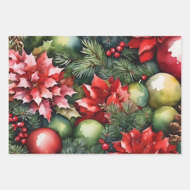 Lebhafte Weihnachtsschmuck, Poinsettia, Berries Geschenkpapier Set (Vorderseite)