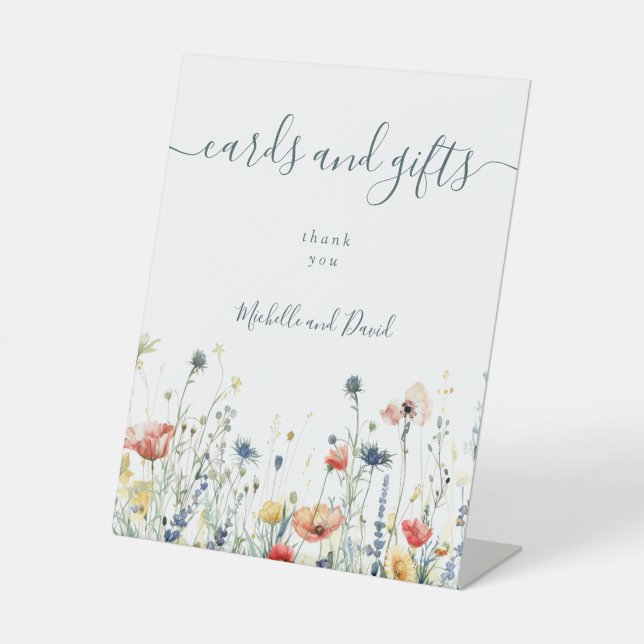 Lebhafte Wildblume Hochzeitskarten und Geschenke Sockelschild (Vorderseite)