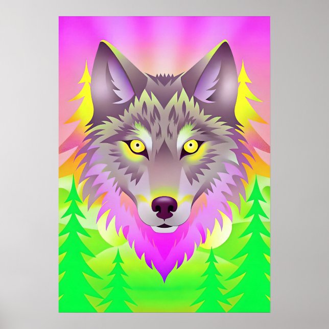 Lebhafte Wolf-Illustration mit Abstrakten Bäumen Poster (Vorne)