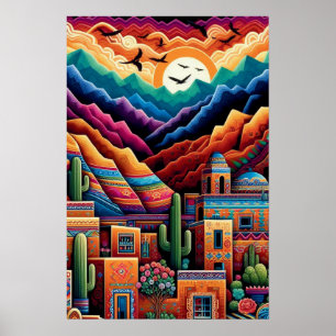 Lebhafte Wüstenlandschaft, farbenfrohe Berge Poster
