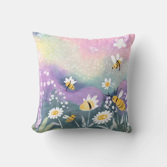 Lebhafter Aquarellgarten mit Bienen-Blume Kissen (Vorderseite)