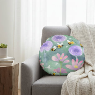Lebhafter Aquarellgarten mit Bienen-Blume rund um Rundes Kissen