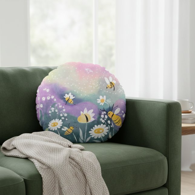 Lebhafter Aquarellgarten mit Bienen-Blume Rundes Kissen (Von Creator hochgeladen)