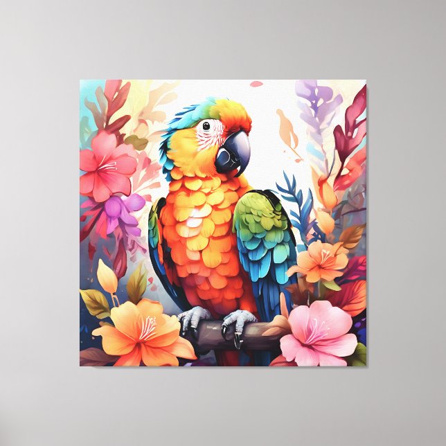 Lebhafter Aquarellpapagei mit tropischen Blume - Leinwanddruck (Vorderseite)
