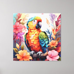 Lebhafter Aquarellpapagei mit tropischen Blume - Leinwanddruck