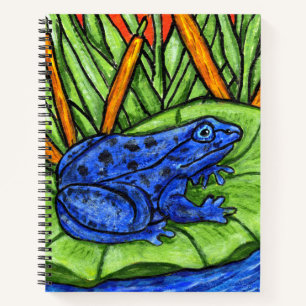 Lebhafter Blauer Frosch auf Lily Pad Wasserrasen Notizbuch