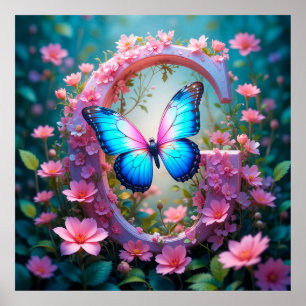 Lebhafter blauer Schmetterling auf einem blumenges Poster