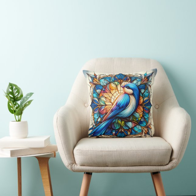 Lebhafter Blauer Vogel auf der Blume Kissen (Stuhl )