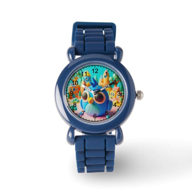 Lebhafter blauer Vogel mit übergroßen Augen Armbanduhr (Vorderseite)