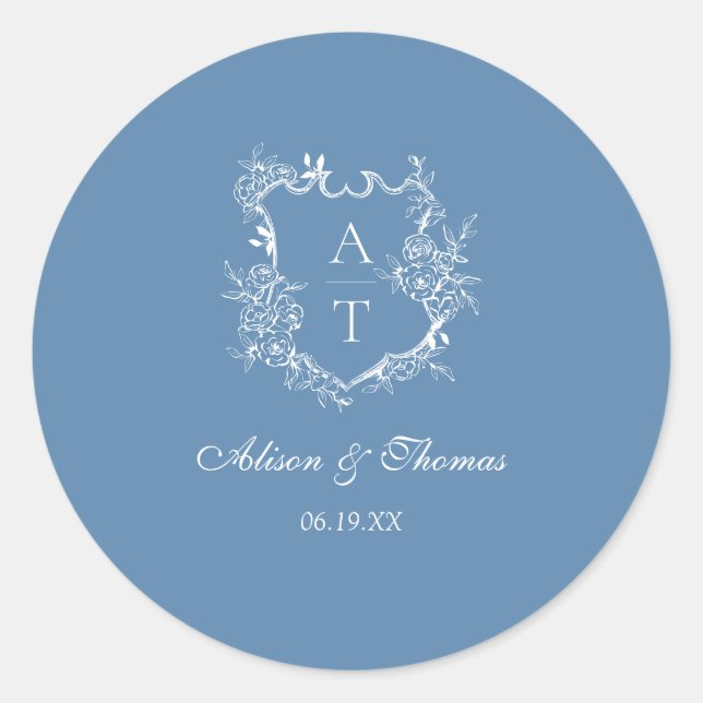 Lebhafter Blue Monogram Wappen Wedding Umschlag Au Runder Aufkleber (Vorderseite)
