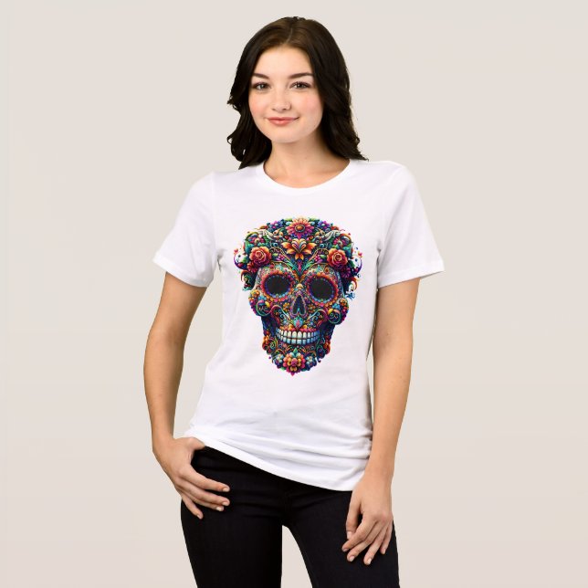 Lebhafter Blumenzuckerschädel Tri-Blend Shirt (Vorderseite voll)