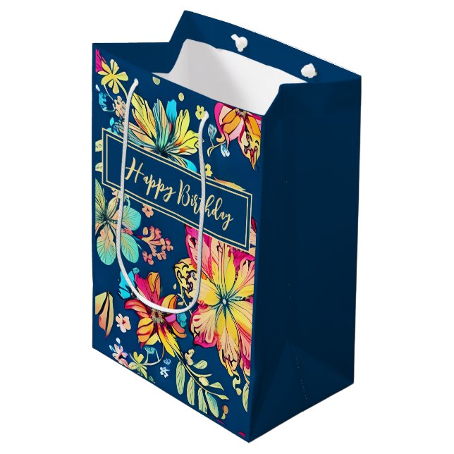 Lebhafter Boho Floral Bohemische Blume Happy Birth Mittlere Geschenktüte (Vorderseite Schrägansicht)