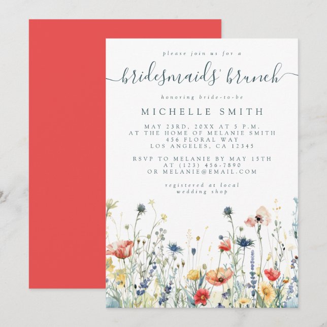 Lebhafter Brunch der Wildblume Bridesmaids Einladung (Vorne/Hinten)