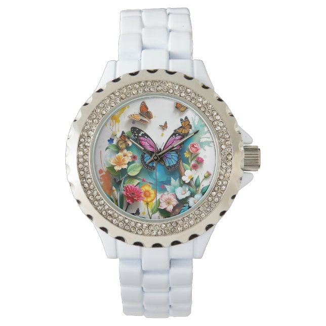 Lebhafter Butterfly Garden | Inspiriertes Federdes Armbanduhr (Vorderseite)