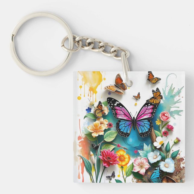 Lebhafter Butterfly Garden | Inspiriertes Federdes Schlüsselanhänger (Vorderseite)